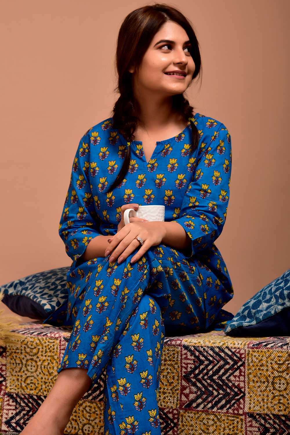 Buy Cotton Polka Dot Nightwear in Sky Blue - Side