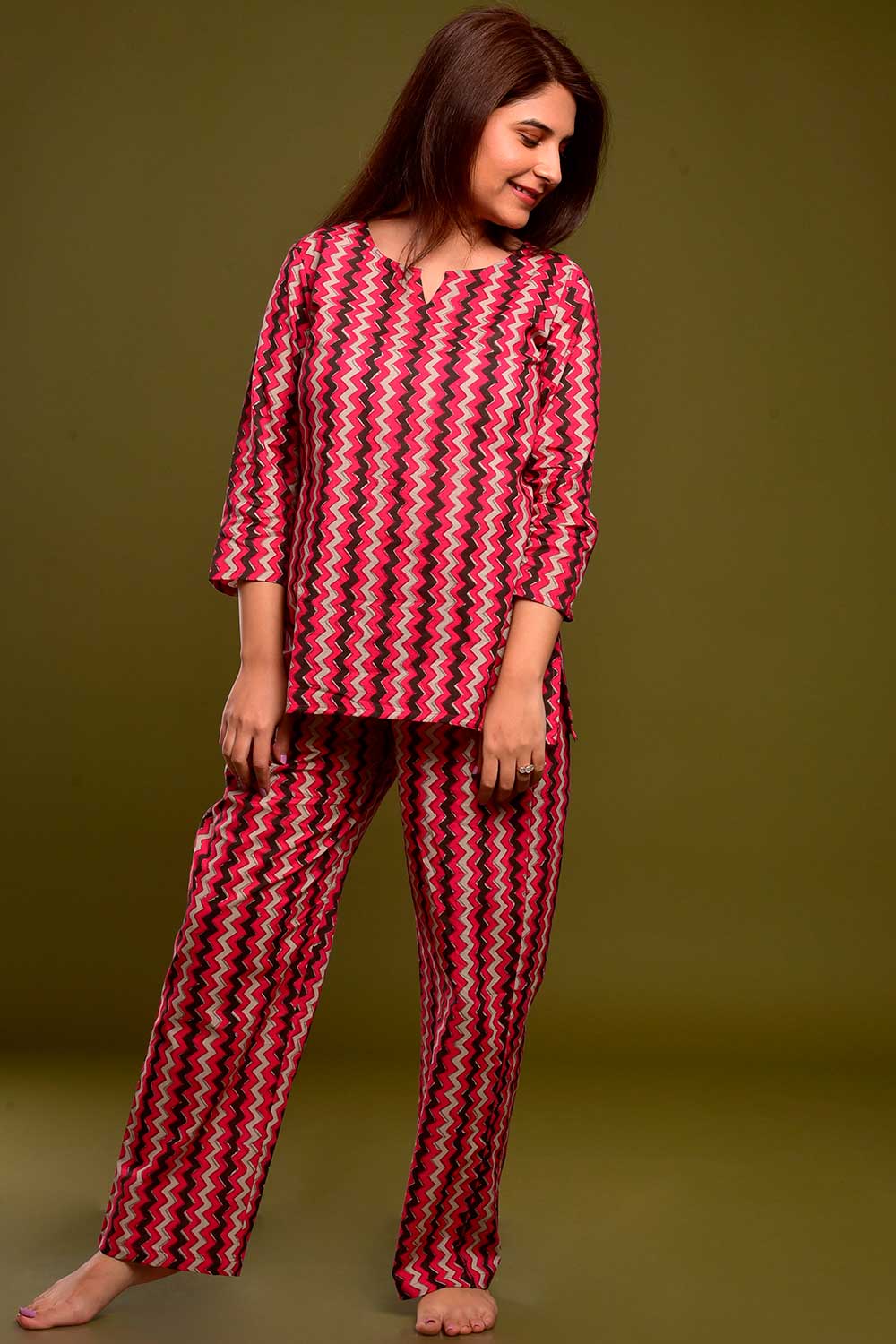 Buy Cotton Abstract Print Nightwear in Pink - Front