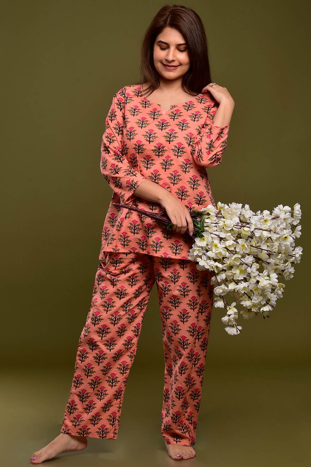 Buy Cotton Floral Print Nightwear in Peach - Front