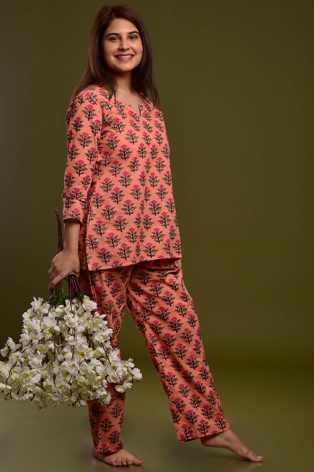 Buy Cotton Floral Print Nightwear in Peach