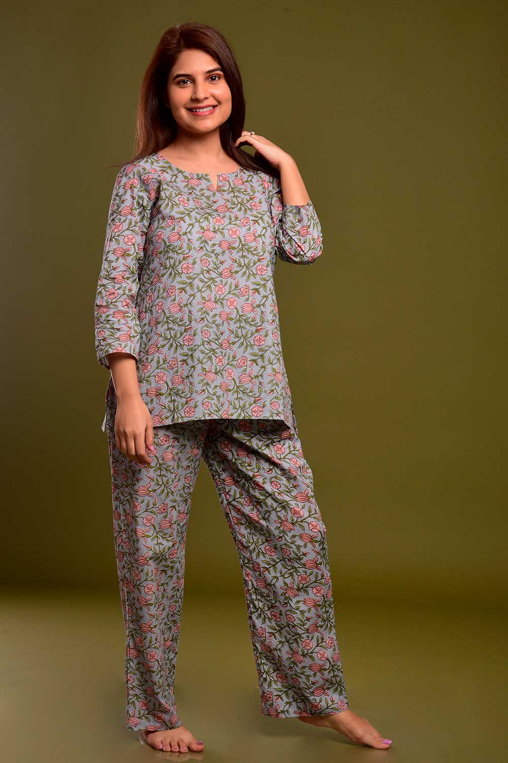 Buy Cotton Floral Print Nightwear in Grey - Front