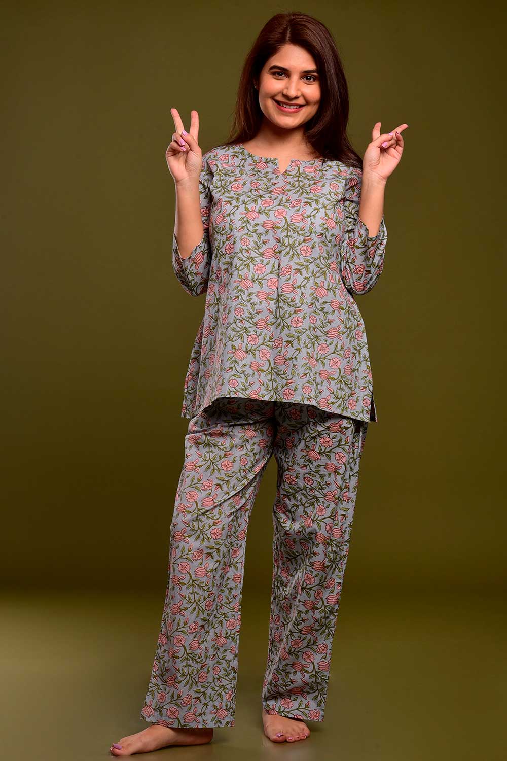 Buy Cotton Floral Print Nightwear in Grey - Back