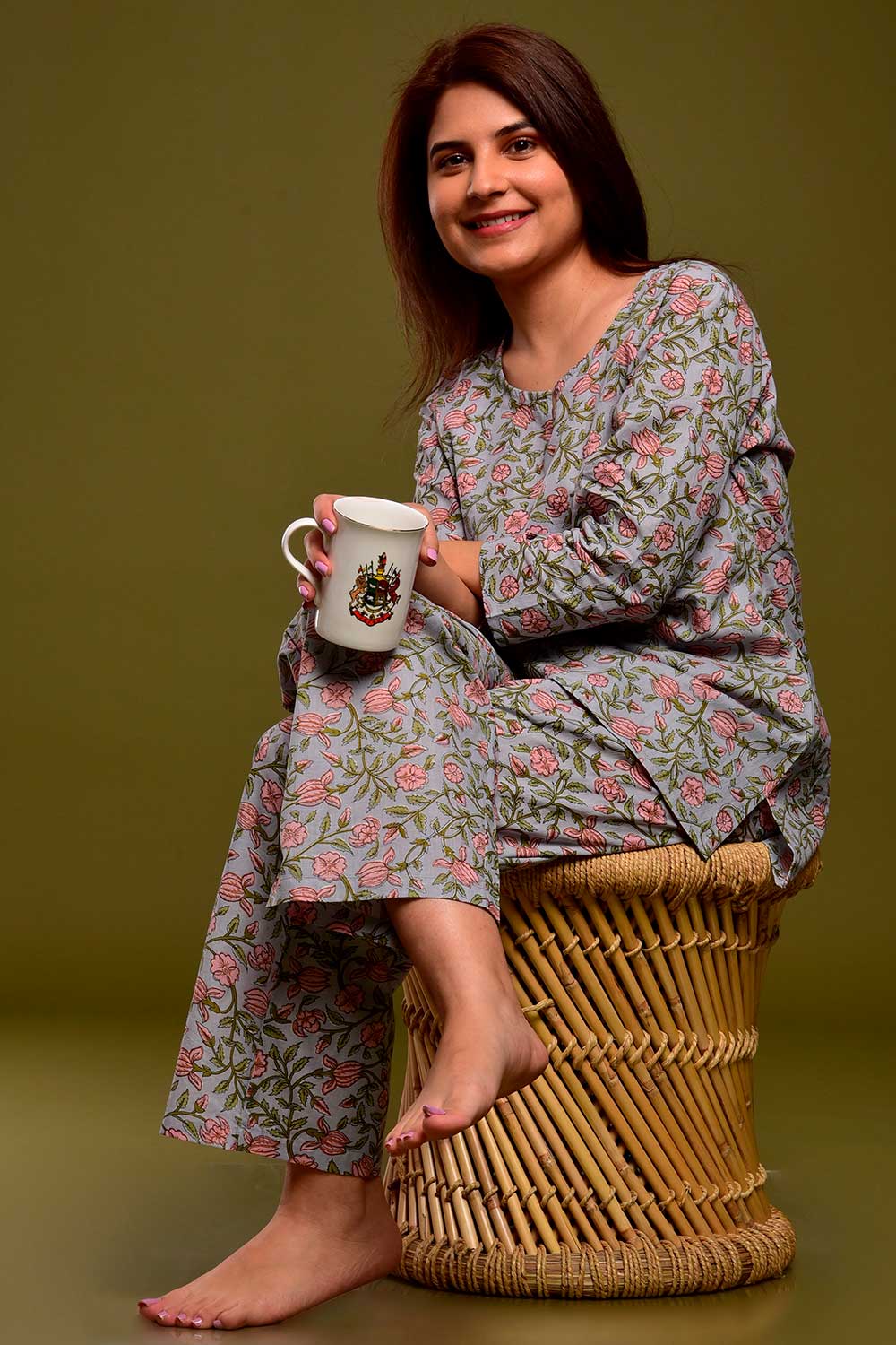 Buy Cotton Floral Print Nightwear in Grey - Side