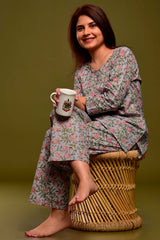 Buy Cotton Floral Print Nightwear in Grey - Side