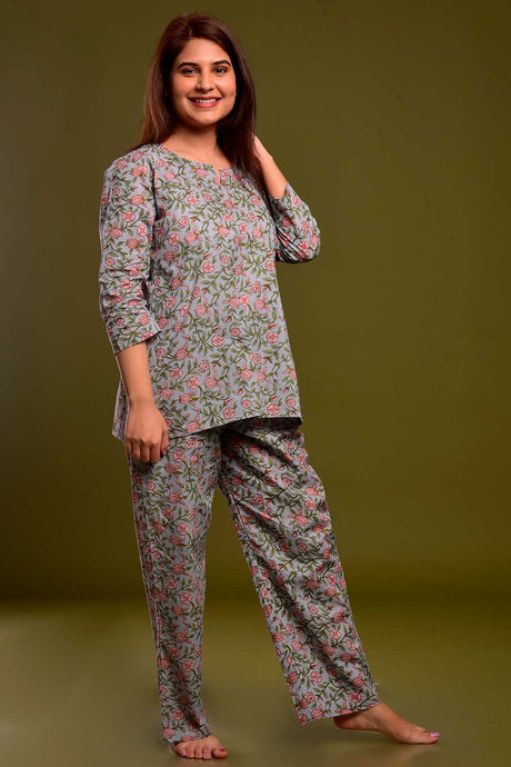 Buy Cotton Floral Print Nightwear in Grey