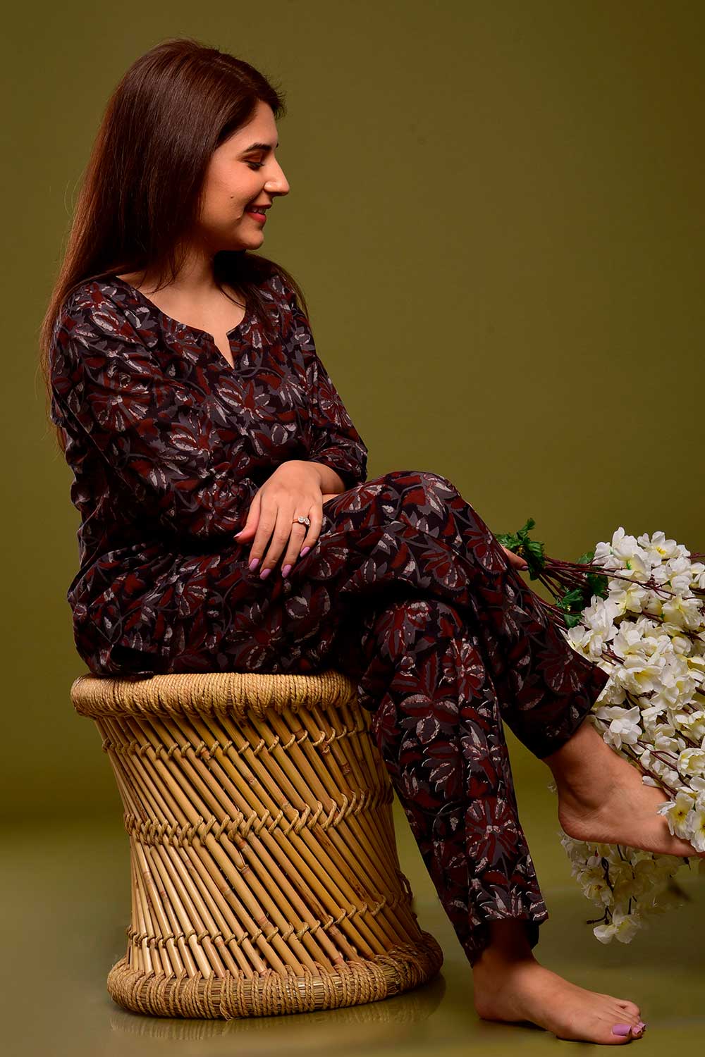 Buy Cotton Floral Print Nightwear in Brown - Front