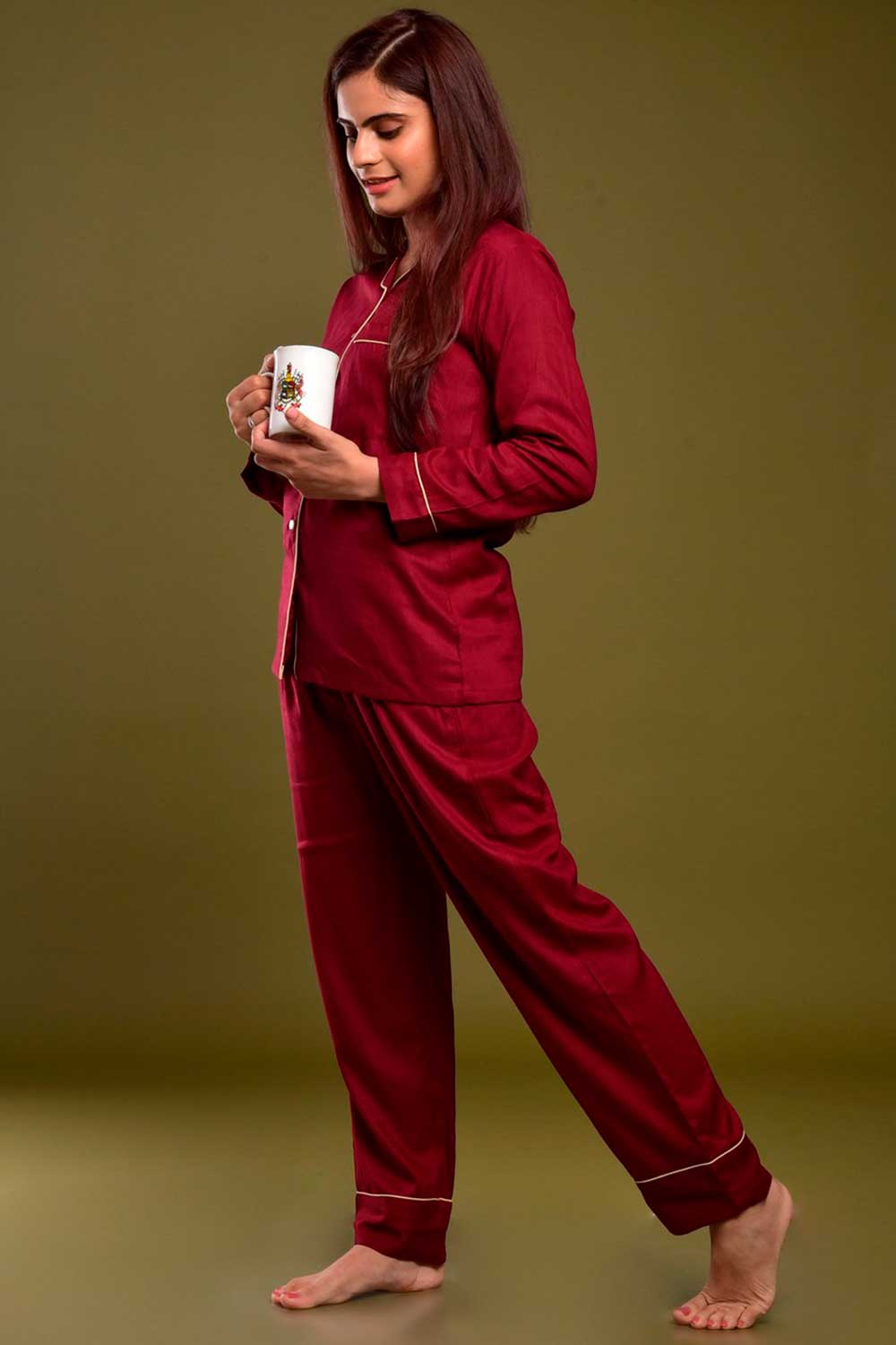 Buy Cotton Solid Nightwear in Maroon - Back