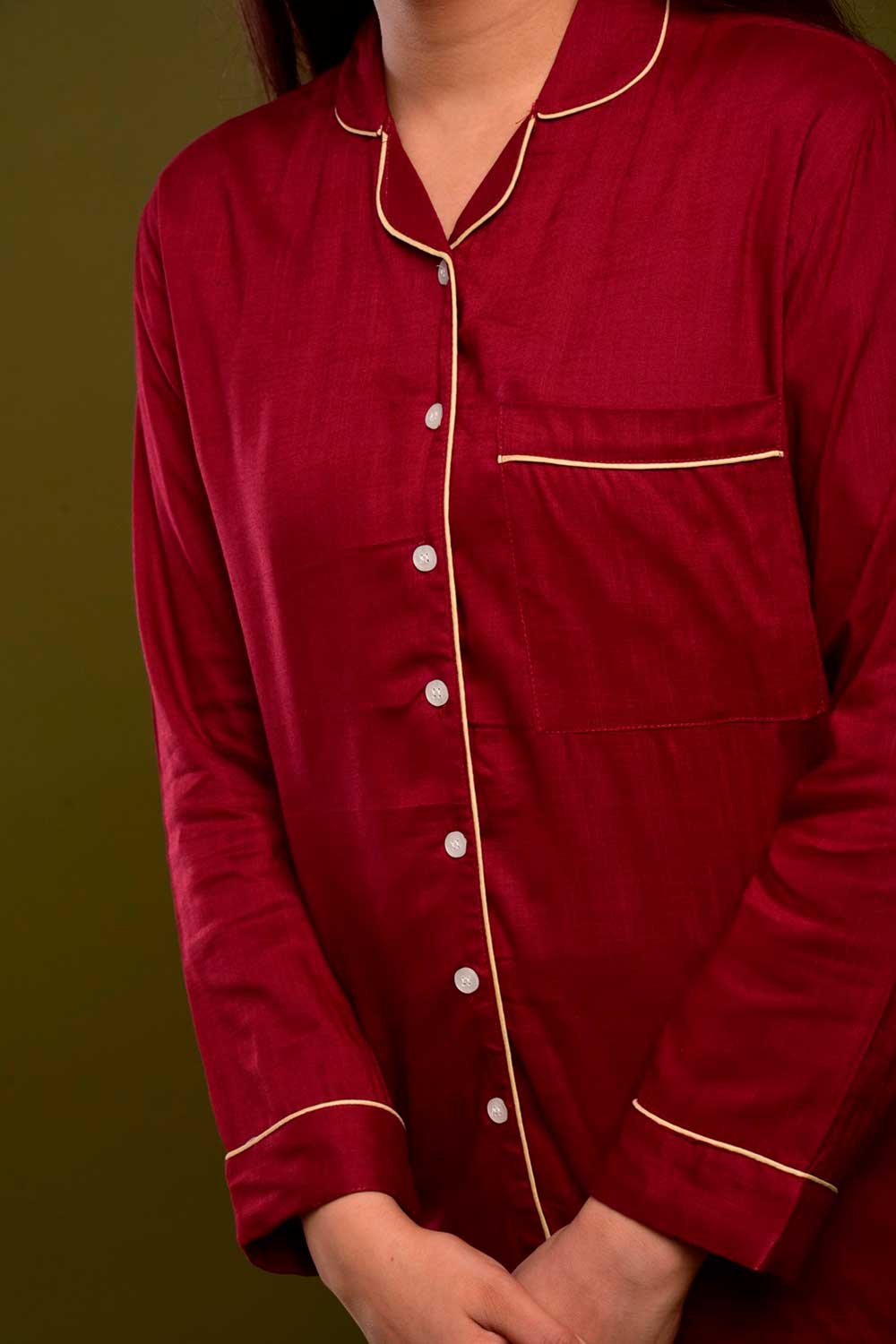 Buy Cotton Solid Nightwear in Maroon - Side