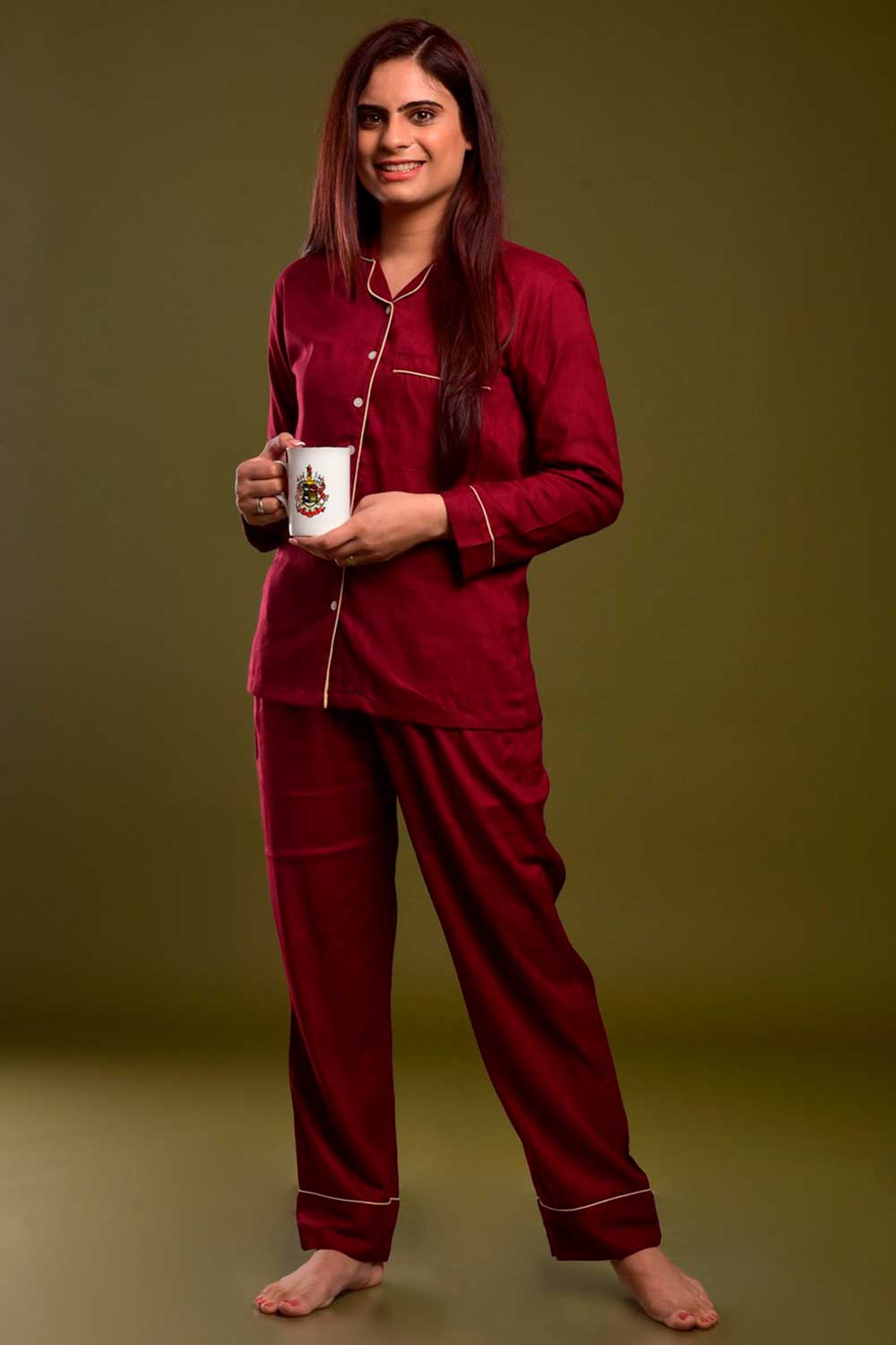 Buy Cotton Solid Nightwear in Maroon