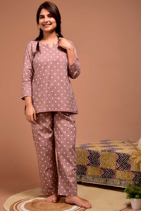 Buy Cotton Polka Dot Nightwear in Mauve - Front