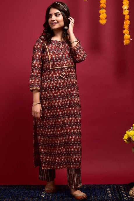 Buy Cotton Printed Kurta Set in Maroon - Front