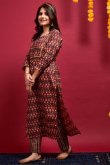 Buy Cotton Printed Kurta Set in Maroon - Back