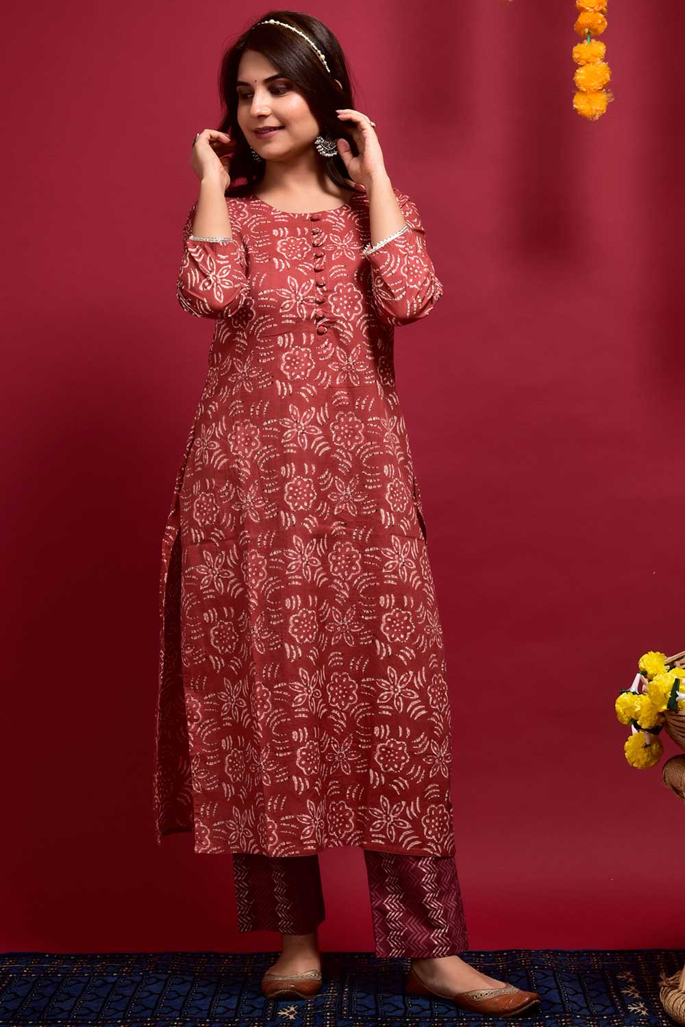 Buy Cotton Floral Print Kurta Set in Rust