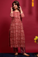 Buy Cotton Floral Print Kurta Set in Rust