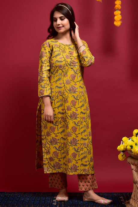 Buy Cotton Floral Print Kurta Set in Mustard - Front