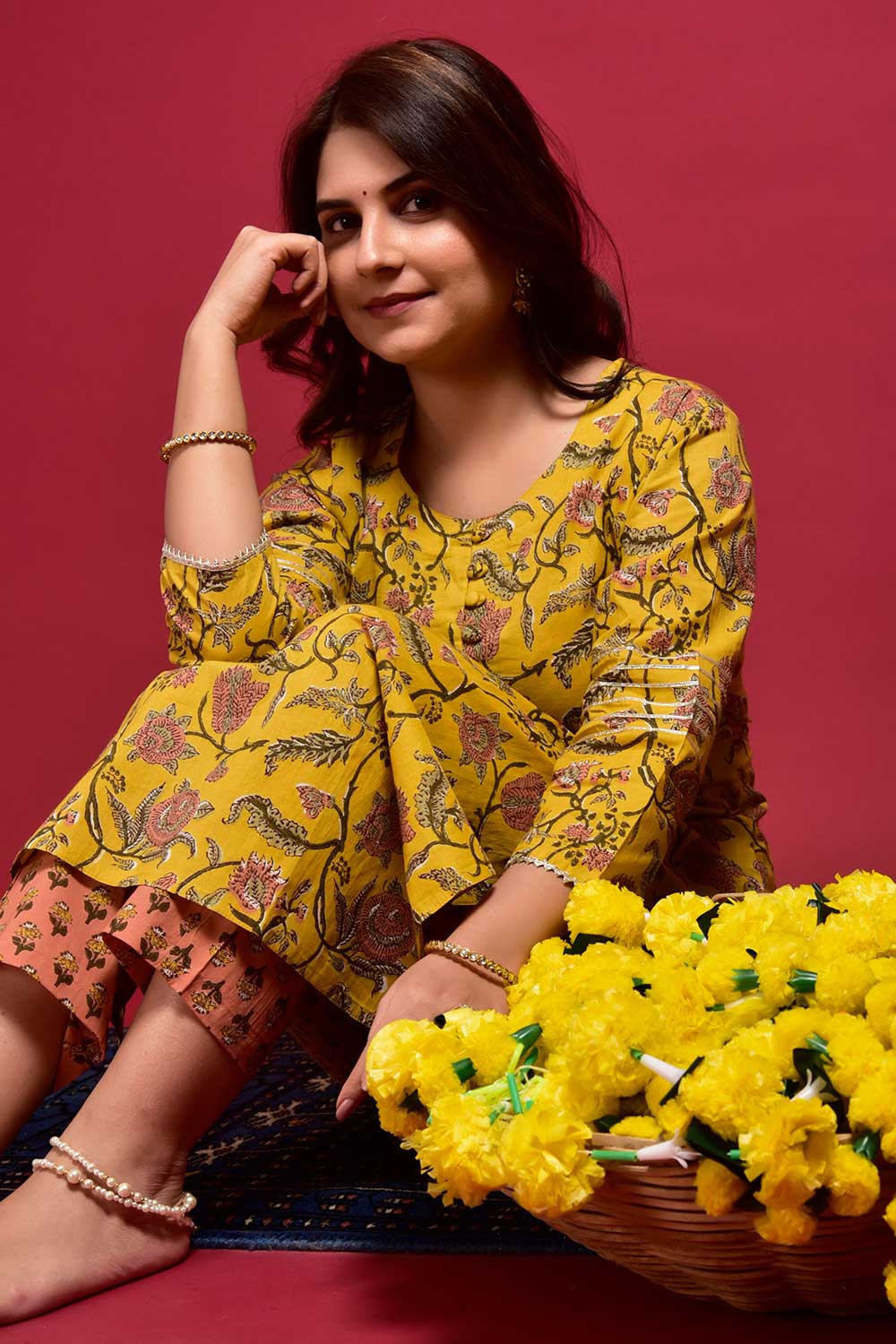 Buy Cotton Floral Print Kurta Set in Mustard - Back