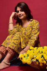 Buy Cotton Floral Print Kurta Set in Mustard - Back