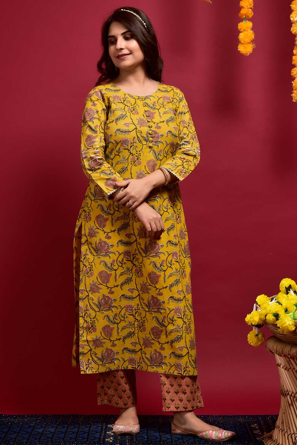 Buy Cotton Floral Print Kurta Set in Mustard