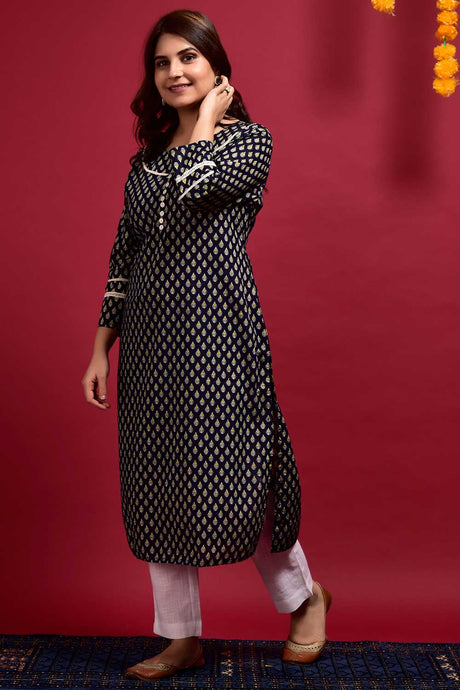 Buy Cotton Printed Kurta Set in Blue - Front