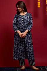 Buy Cotton Printed Kurta Set in Blue - Back