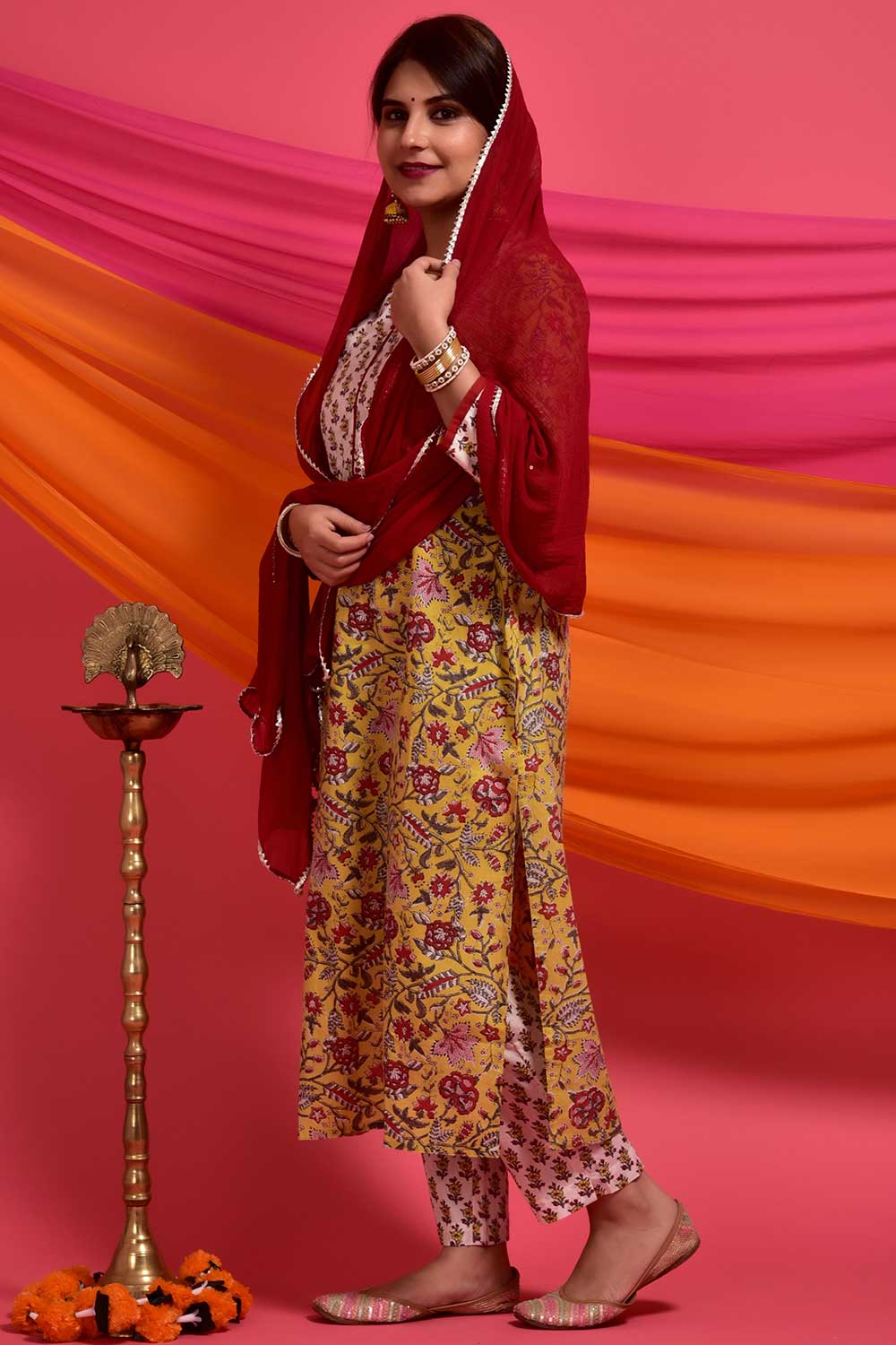 Buy Cotton Floral Print Kurta Set in Yellow - Back