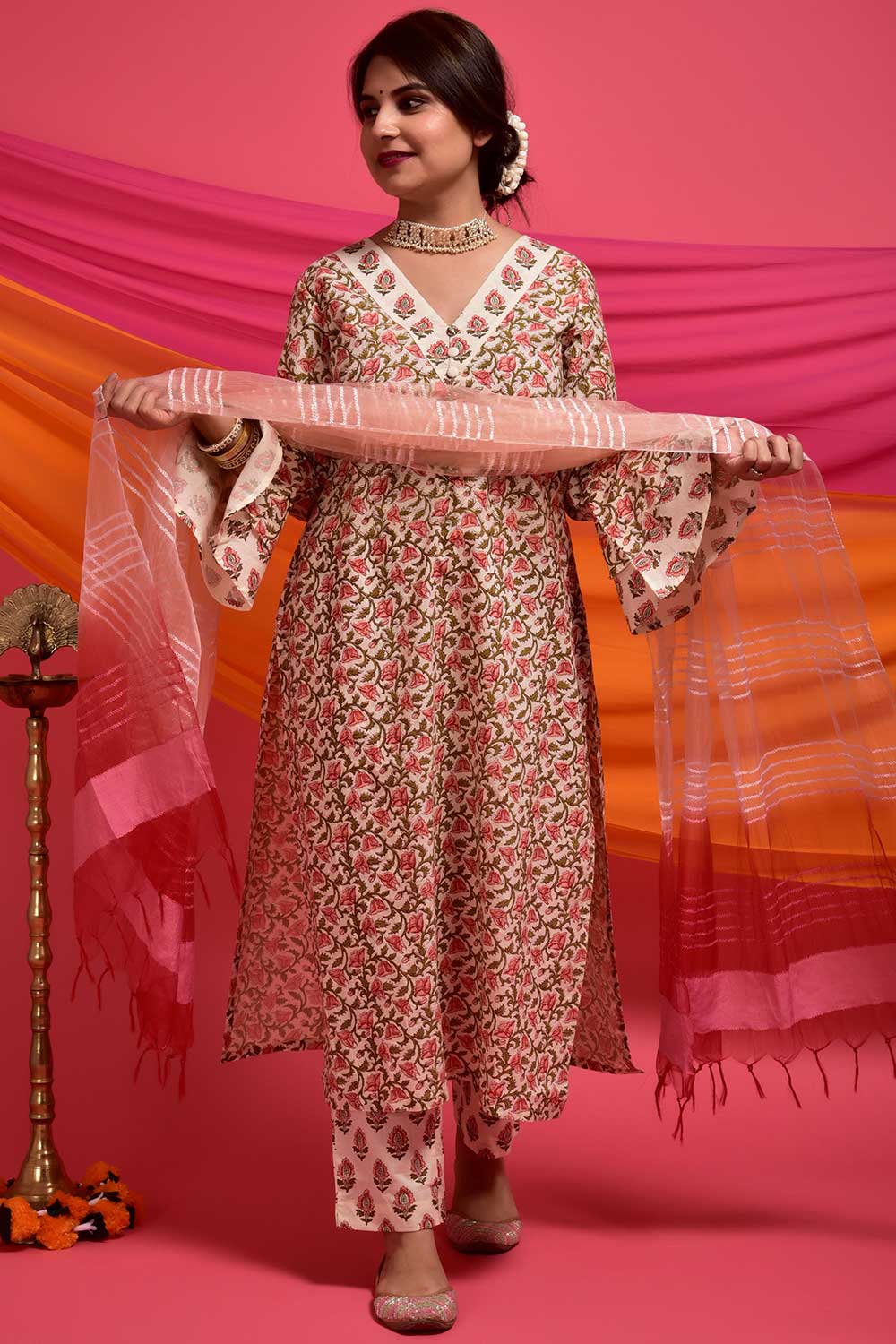 Buy Cotton Printed Kurta Set in Peach - Front