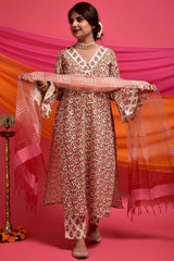 Buy Cotton Printed Kurta Set in Peach - Front