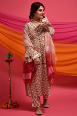 Buy Cotton Printed Kurta Set in Peach - Back