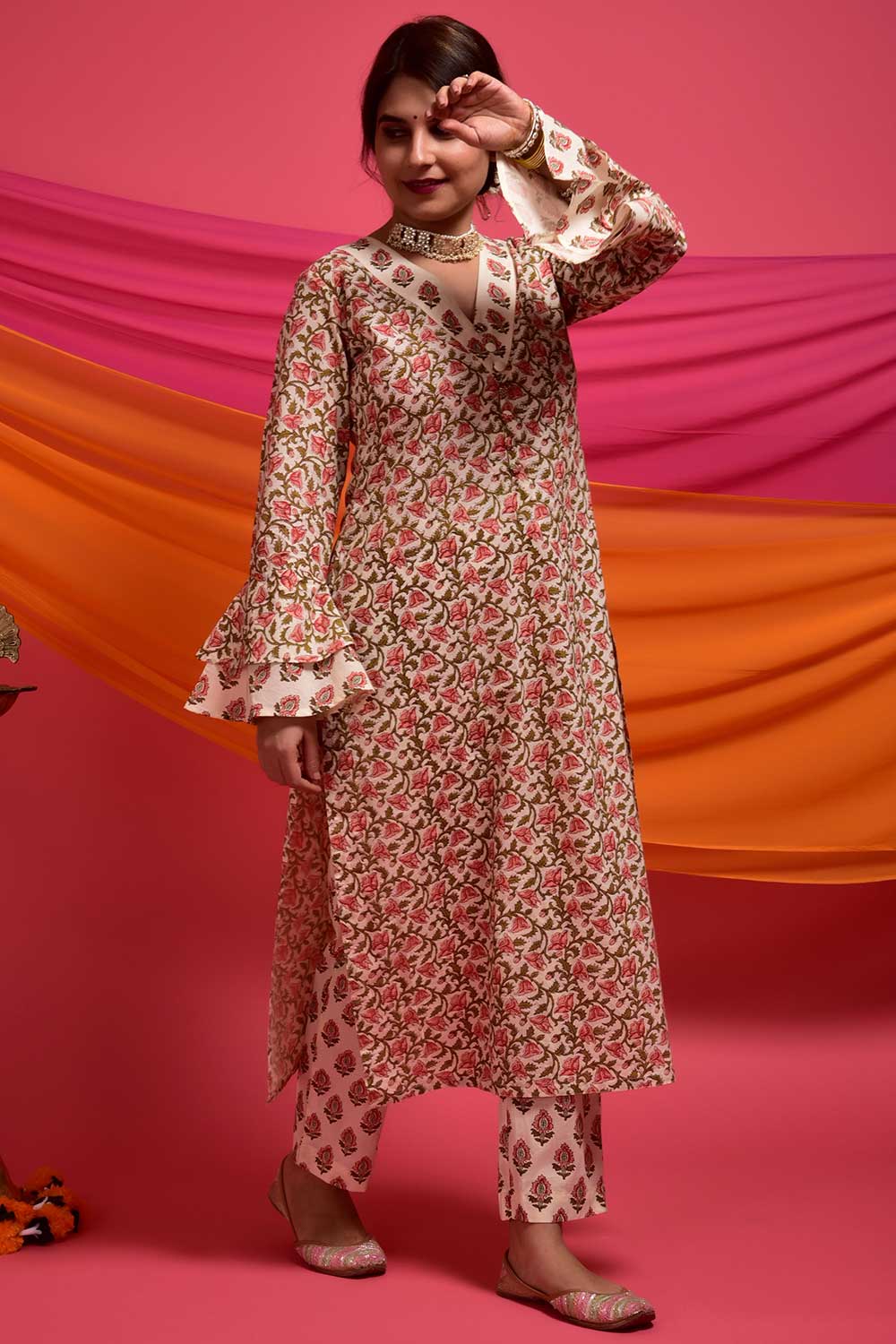 Buy Cotton Printed Kurta Set in Peach - Side