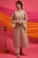 Buy Cotton Printed Kurta Set in Peach