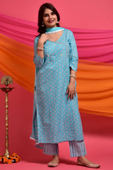 Buy Cotton Floral Print Kurta Set in Sky Blue