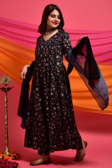 Buy Cotton Floral Print Kurta Set in Black - Side