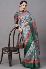 Linen Blend Green Digital Print Designer Saree