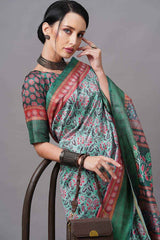 Linen Blend Green Digital Print Designer Saree