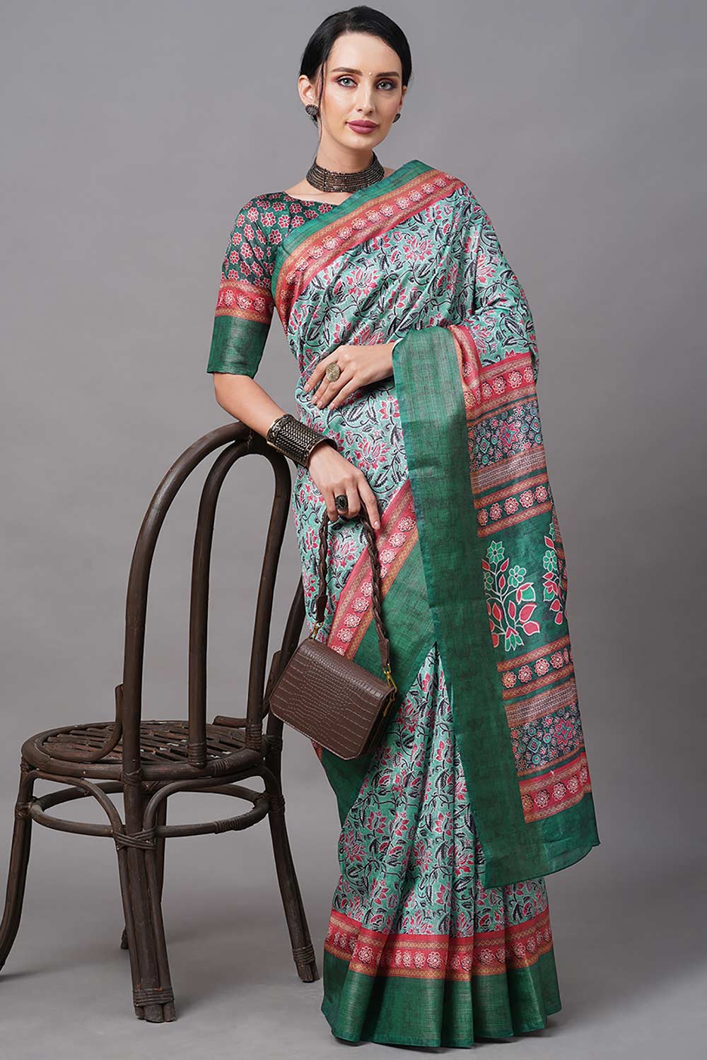 Linen Blend Green Digital Print Designer Saree