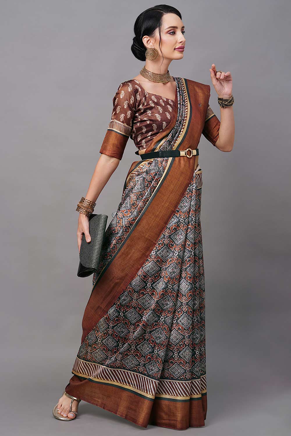 Linen Blend Dark Green Digital Print Designer Saree