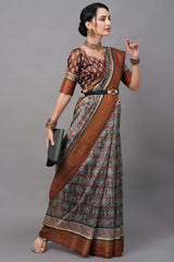 Linen Blend Dark Green Digital Print Designer Saree