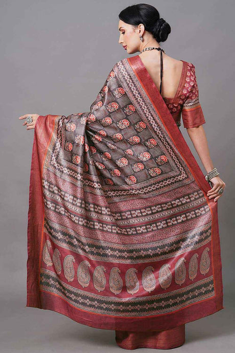 Linen Blend Olive Digital Print Designer Saree