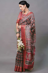 Linen Blend Olive Digital Print Designer Saree