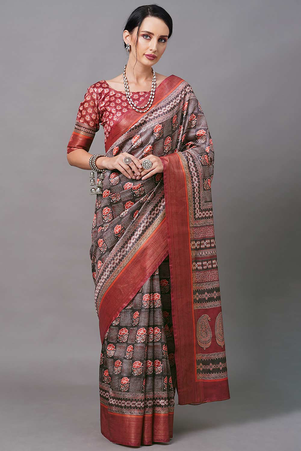 Linen Blend Olive Digital Print Designer Saree