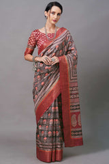 Linen Blend Olive Digital Print Designer Saree