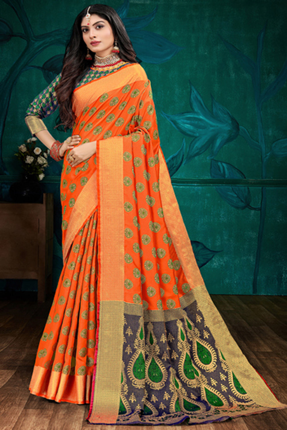 Art Silk Zari Saree In Orange