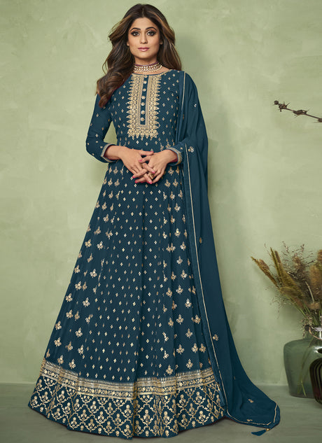 Buy Teal-Blue Georgette Embroidered Anarkali Suit Set Online - KARMAPLACE