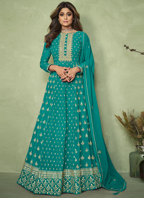 Buy Turquoise Georgette Embroidered Anarkali Suit Set Online - KARMAPLACE