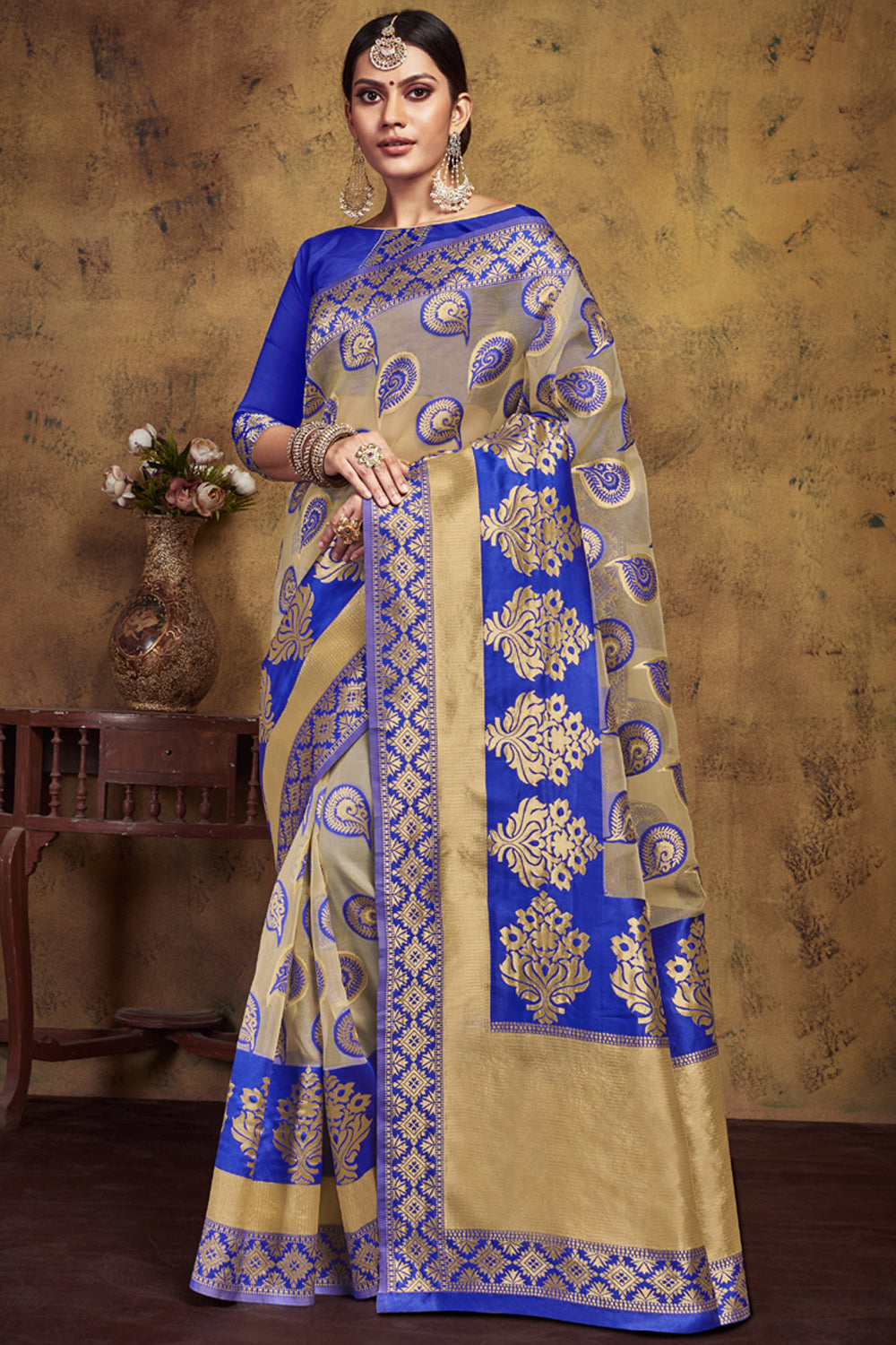 Art Silk Woven Saree In Navy Blue