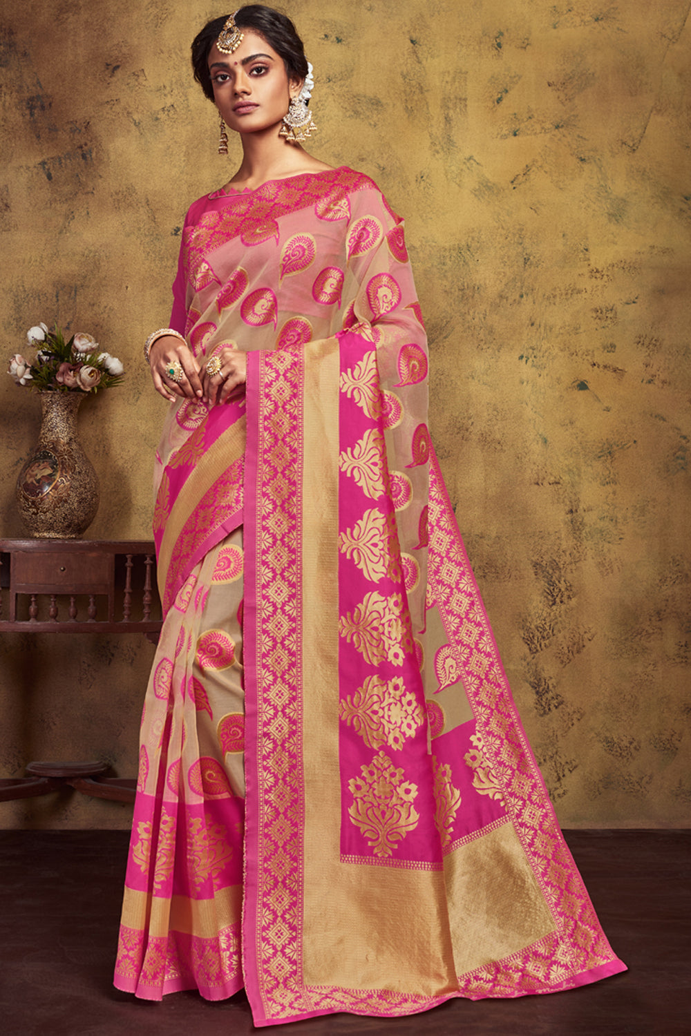 Art Silk Woven Saree In Pink