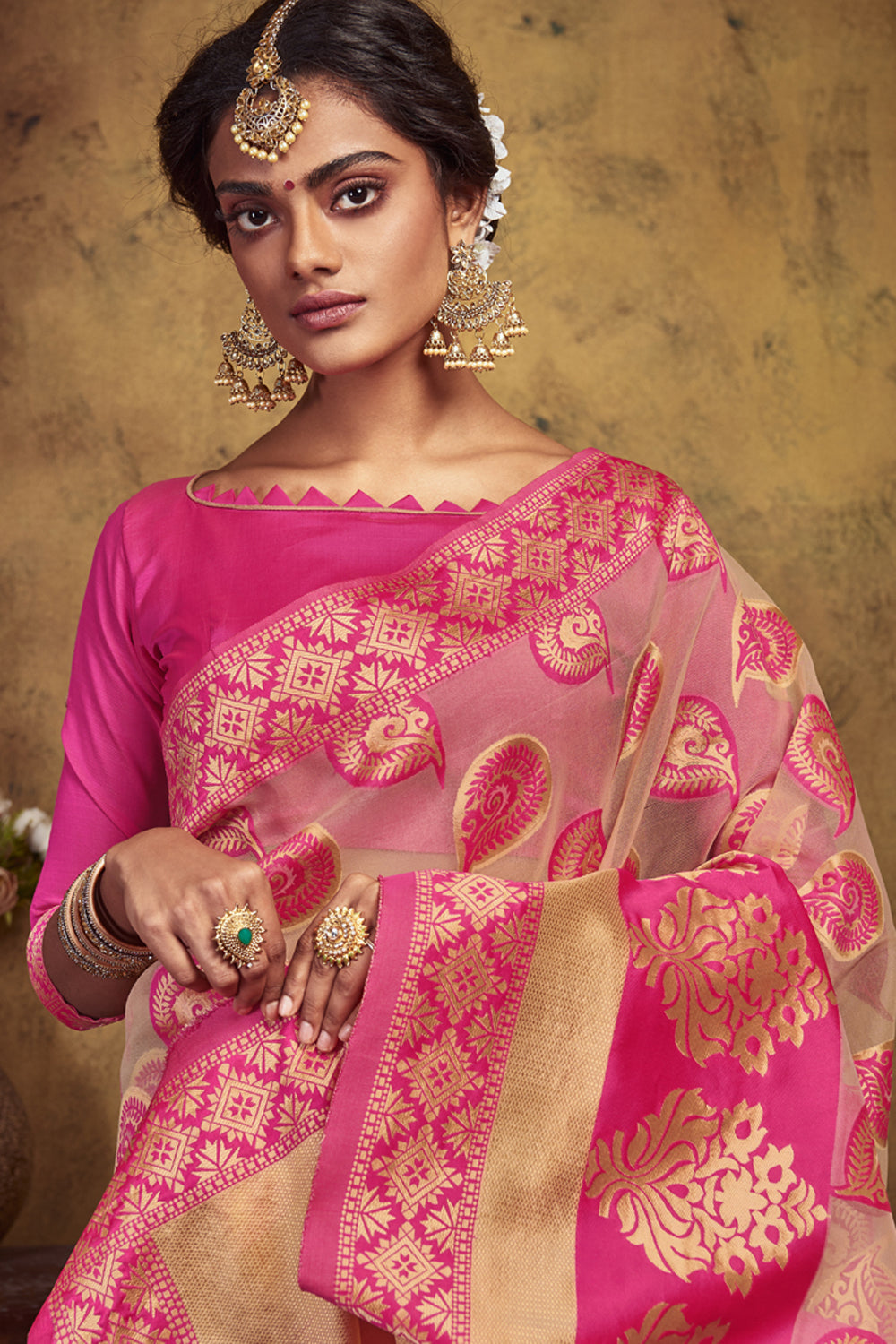 Art Silk Woven Saree In Pink