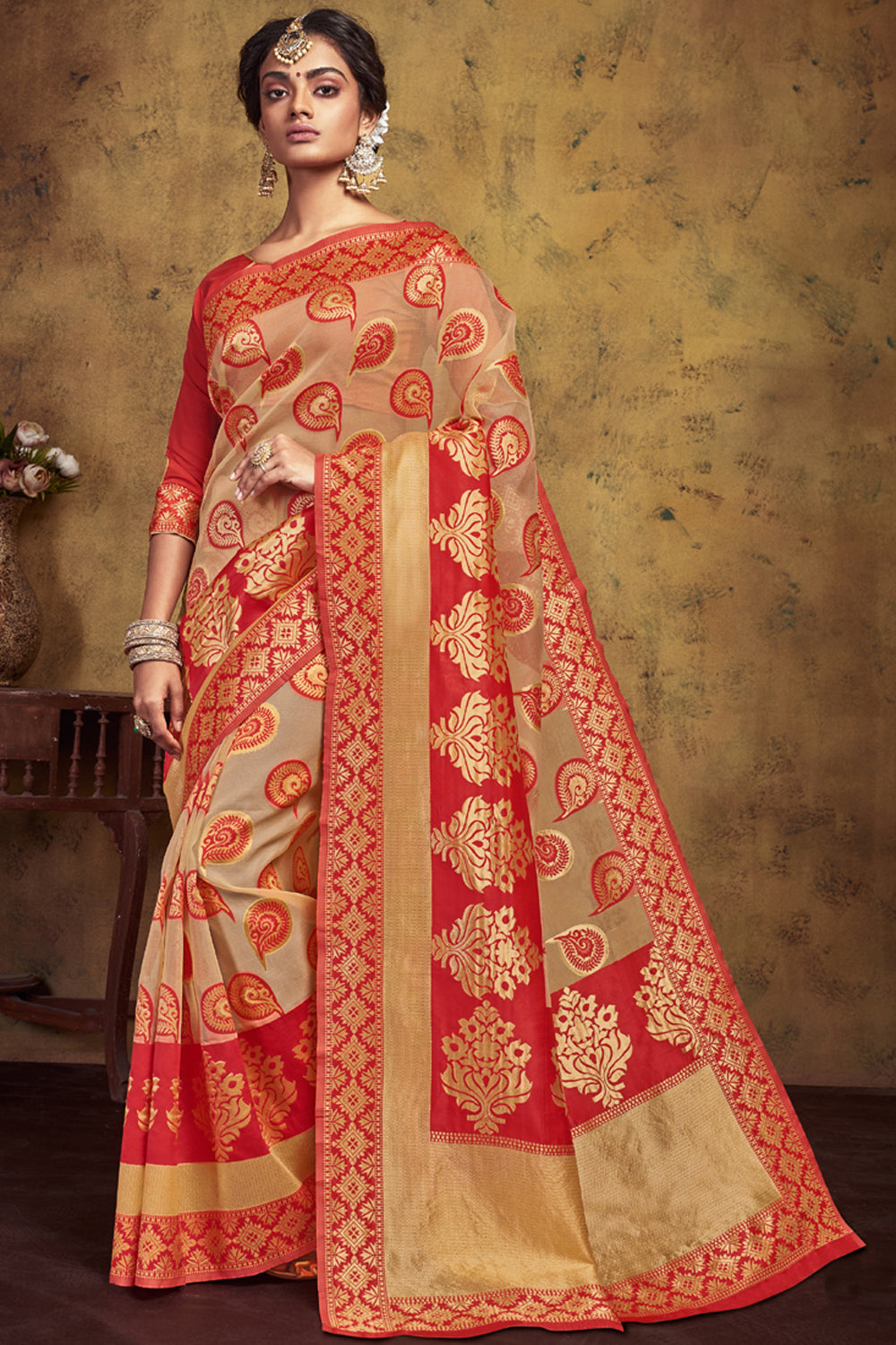 Art Silk Woven Saree In Red