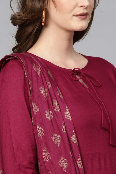 Buy Viscose Rayon Solid Ready to Wear Suit Set in Burgundy Online - Back