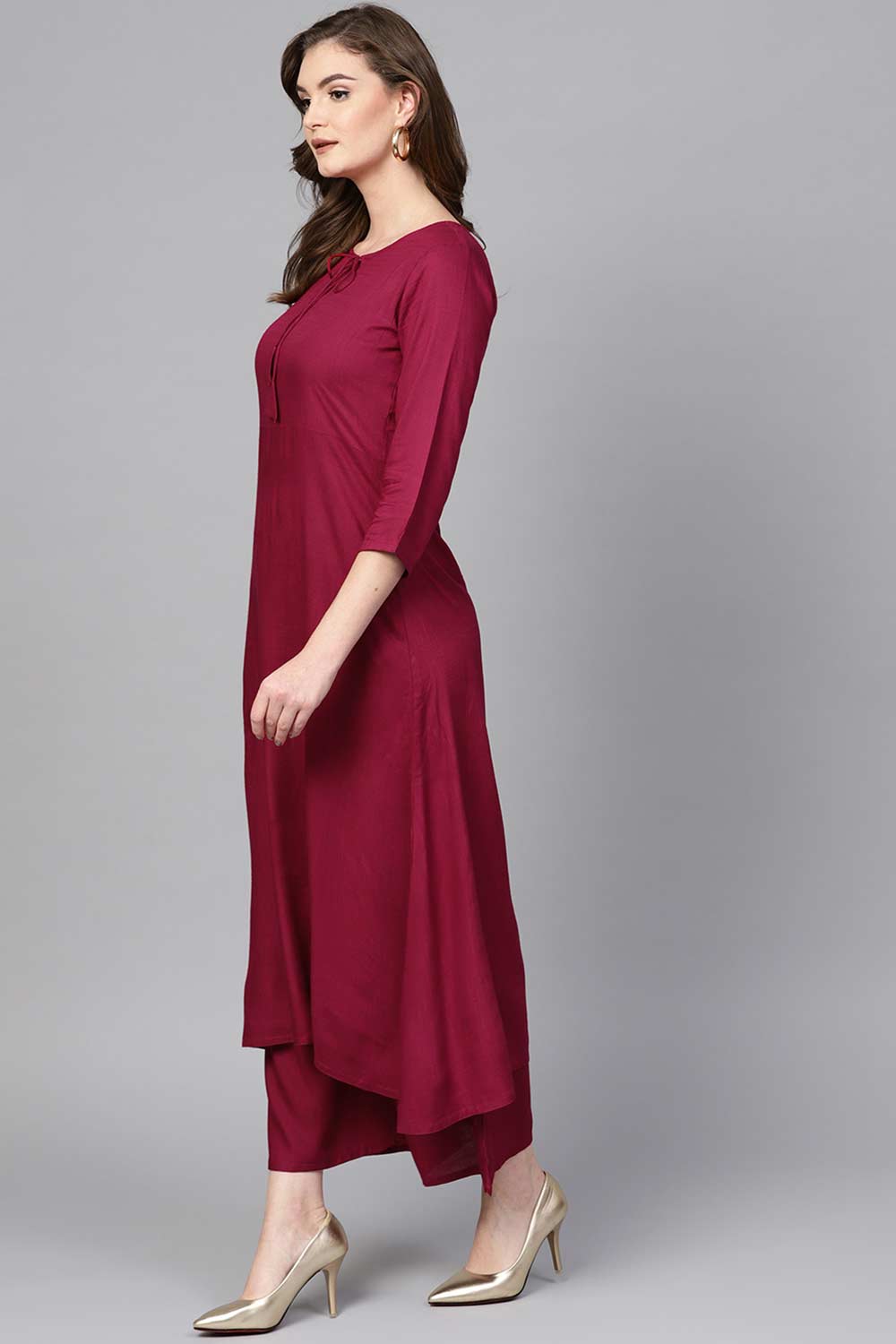 Buy Viscose Rayon Solid Ready to Wear Suit Set in Burgundy Online - Zoom In